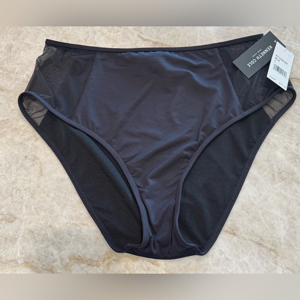 Nwt Kenneth Cole New York Black High Waist Swim Bottoms With Mesh Sides $74